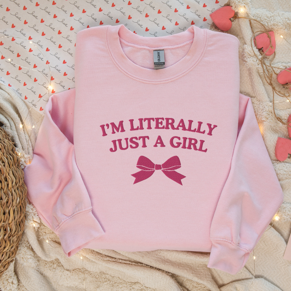 Just a Girl Bow Embroidered Sweatshirt – Cute and Funny Crewneck Gift for Her, Cozy Sweater