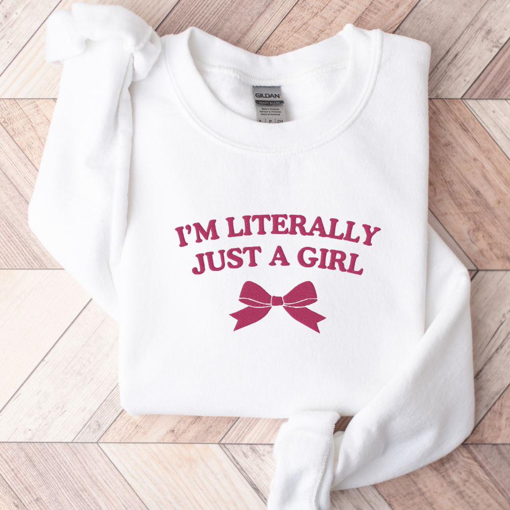 Just a Girl Bow Embroidered Sweatshirt – Cute and Funny Crewneck Gift for Her, Cozy Sweater