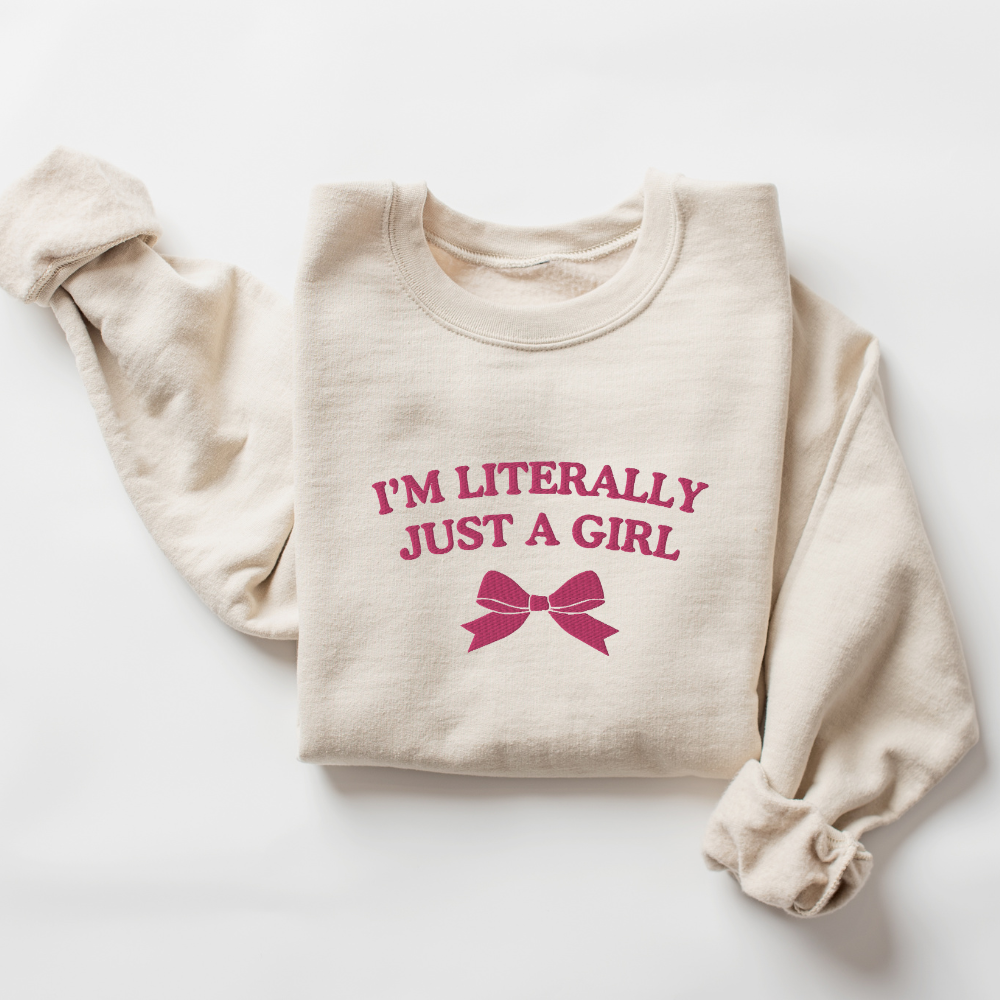 Just a Girl Bow Embroidered Sweatshirt – Cute and Funny Crewneck Gift for Her, Cozy Sweater