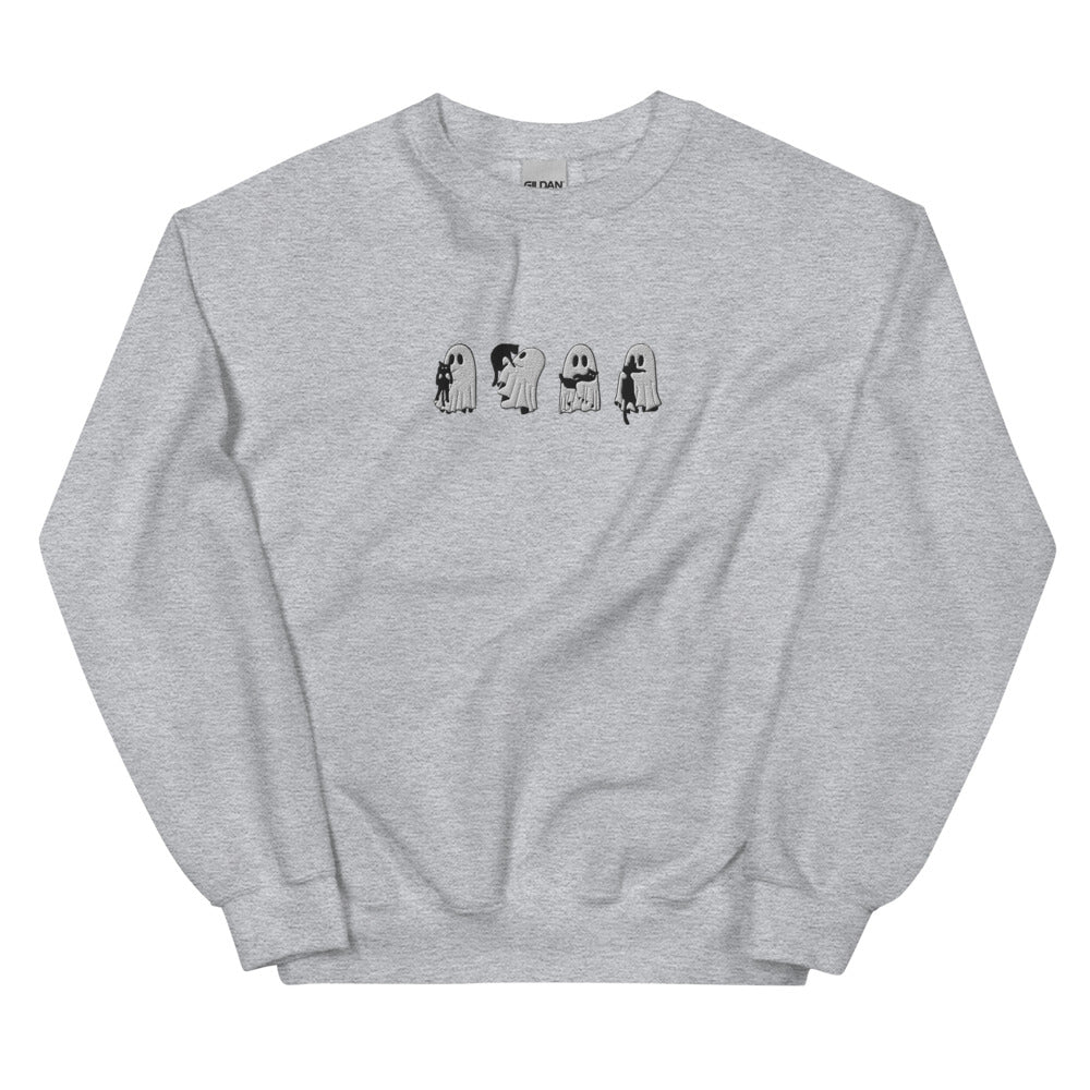 Embroidered Ghost Black Cats Sweatshirt, Embroidered Ghost Cats, Ghost With Black Cats Sweater, Halloween Embroidery, Spooky Season