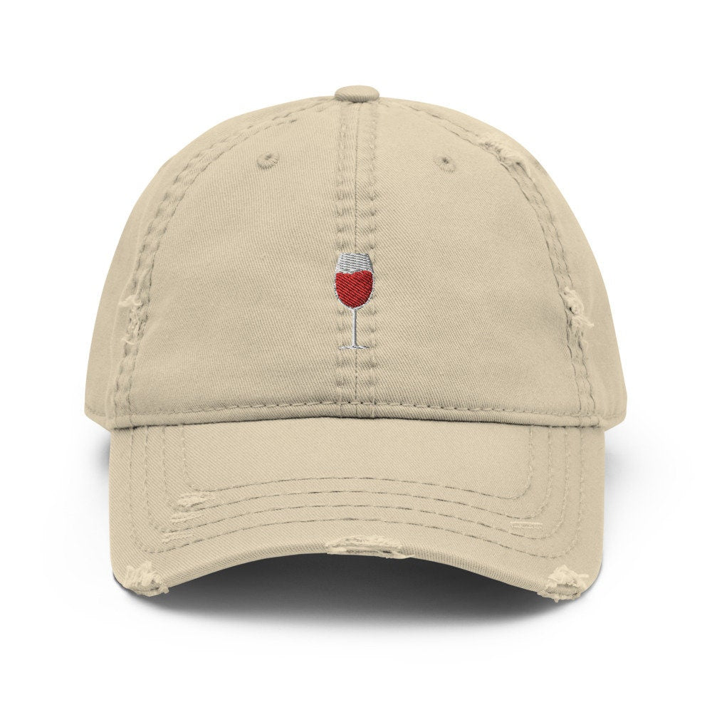 Wine Glass Embroidered Distressed Dad Hat, Frayed Cap Gift