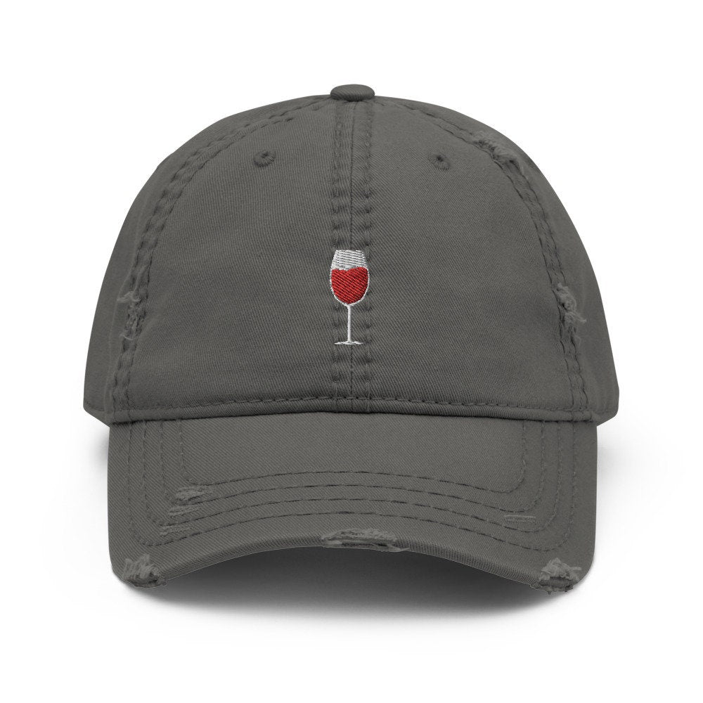 Wine Glass Embroidered Distressed Dad Hat, Frayed Cap Gift