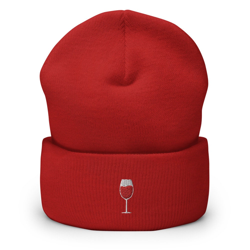 Wine Glass Embroidered Beanie, Handmade Cuffed Knit Unisex Slouchy Adult Winter Hat Cap Gift