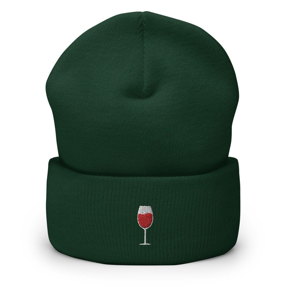 Wine Glass Embroidered Beanie, Handmade Cuffed Knit Unisex Slouchy Adult Winter Hat Cap Gift