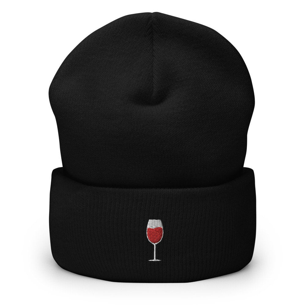 Wine Glass Embroidered Beanie, Handmade Cuffed Knit Unisex Slouchy Adult Winter Hat Cap Gift