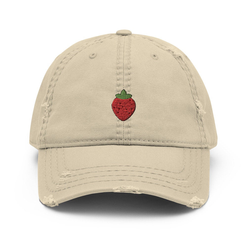 Strawberry Fruit Embroidered Distressed Dad Hat, Frayed Cap Gift