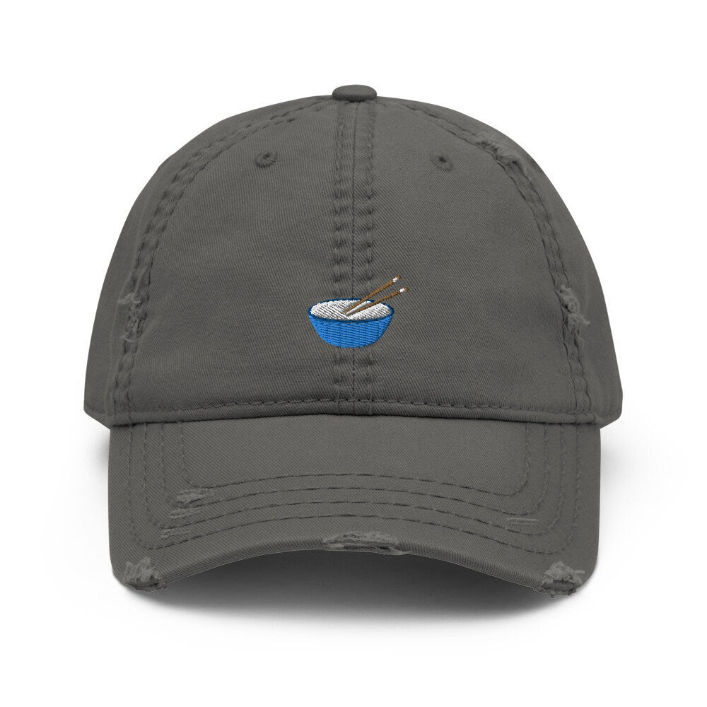 Bowl of Rice with Chopsticks Embroidered Distressed Embroidered Dad Hat, Frayed Cap Gift