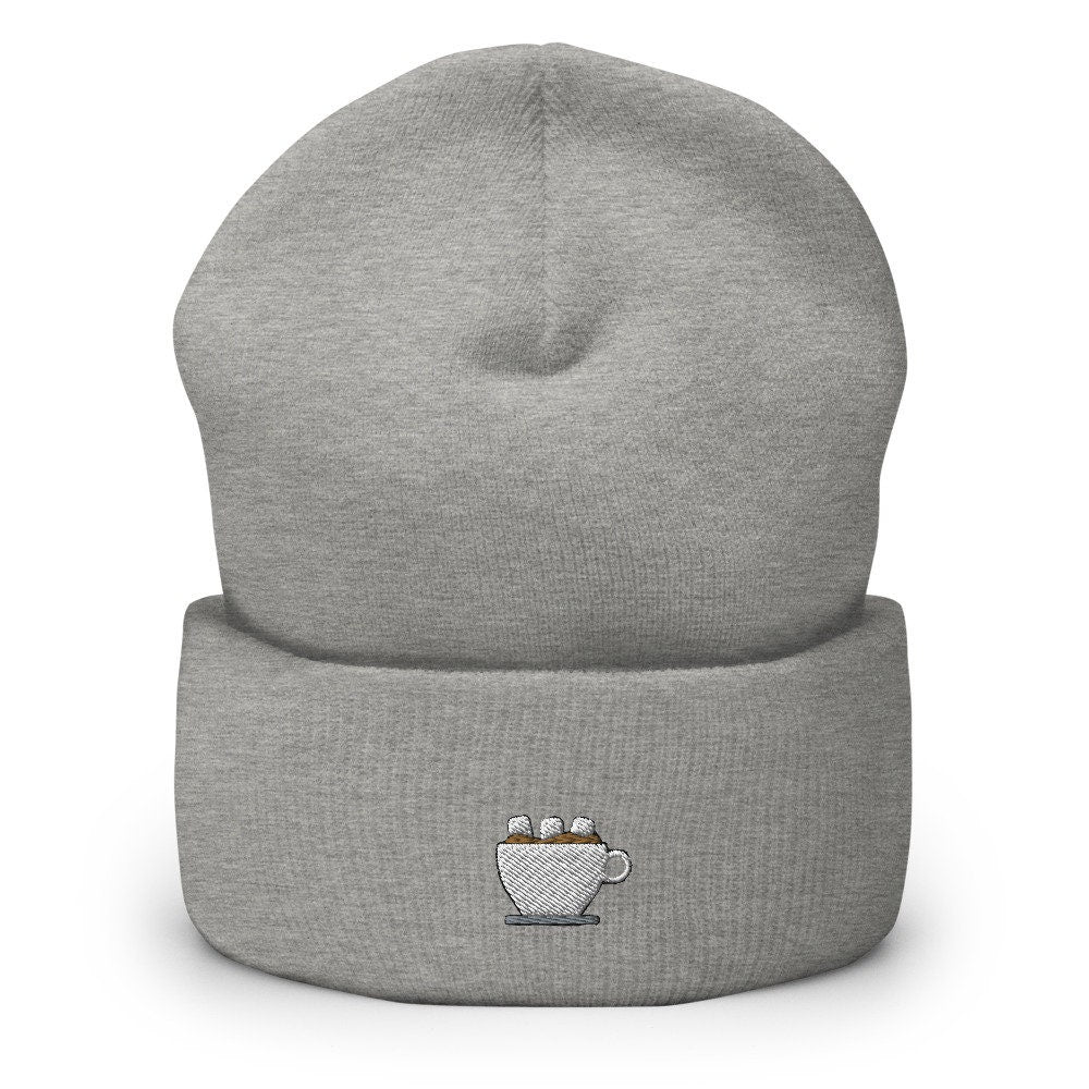 Hot Coco Embroidered Beanie, Handmade Cuffed Knit Unisex Slouchy Adult Winter Hat Cap Gift