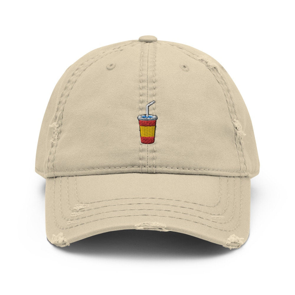 Soda & Soft Drink Plastic Cup Embroidered Distressed Embroidered Dad Hat, Frayed Cap Gift