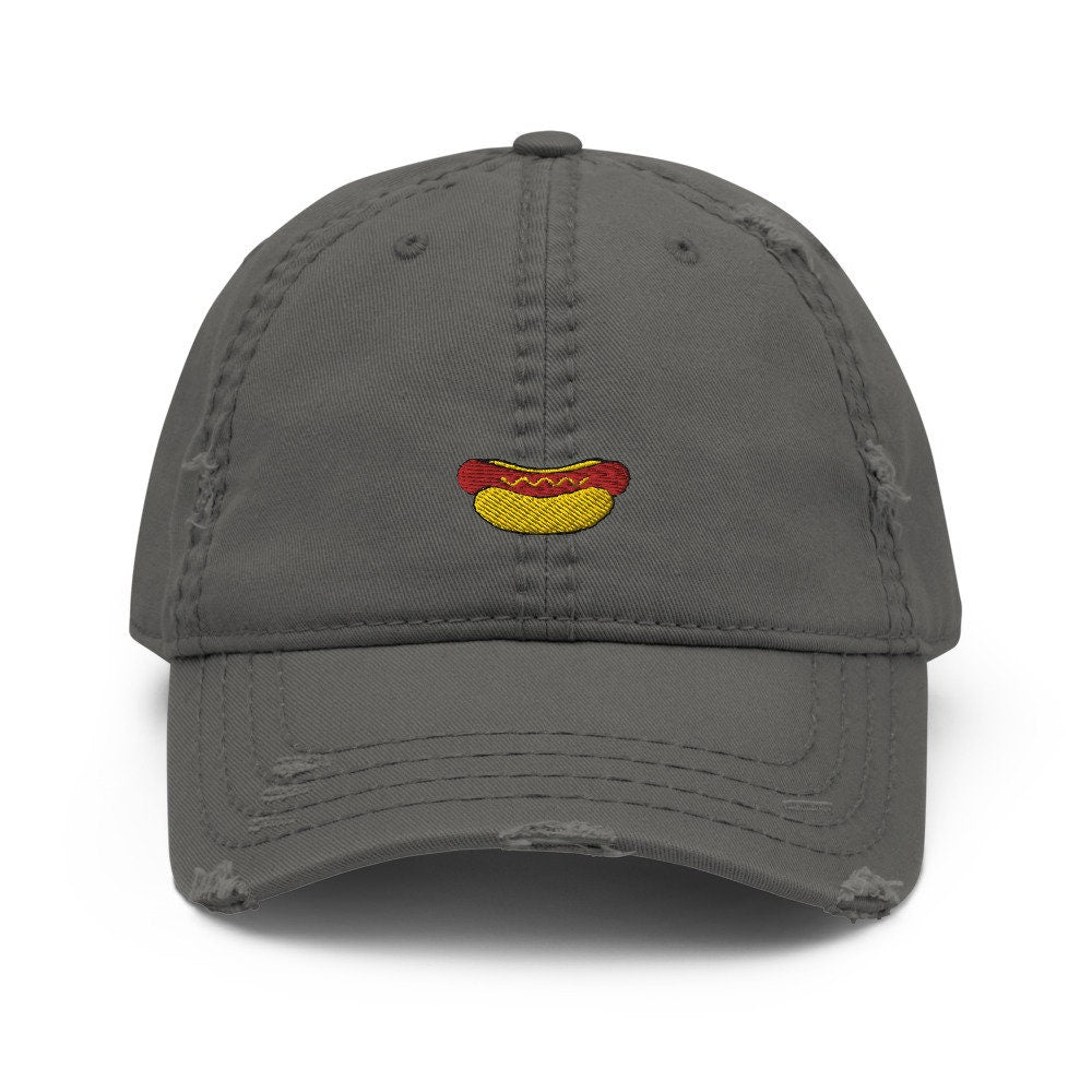 Hot Dog Embroidered Distressed Embroidered Dad Hat, Frayed Cap Gift