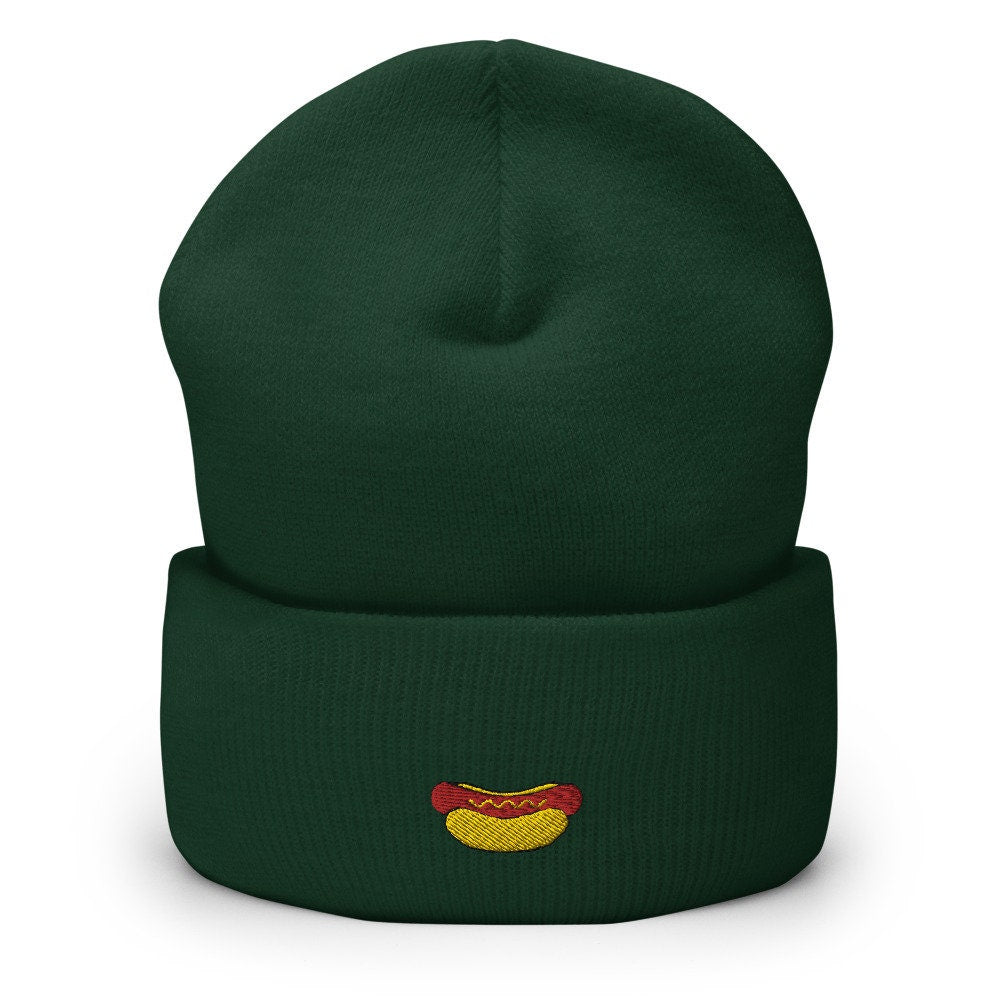 Hot Dog Embroidered Beanie, Handmade Cuffed Knit Unisex Slouchy Adult Winter Hat Cap Gift