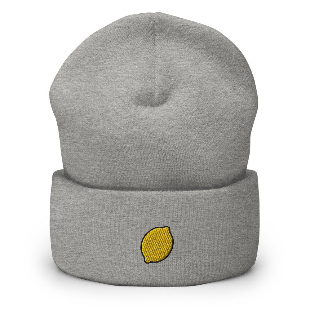 Lemon Embroidered Beanie, Handmade Cuffed Knit Unisex Slouchy Adult Winter Hat Cap Gift