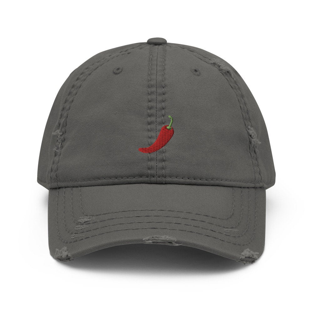 Red Chili Pepper Embroidered Distressed Embroidered Dad Hat, Frayed Cap Gift