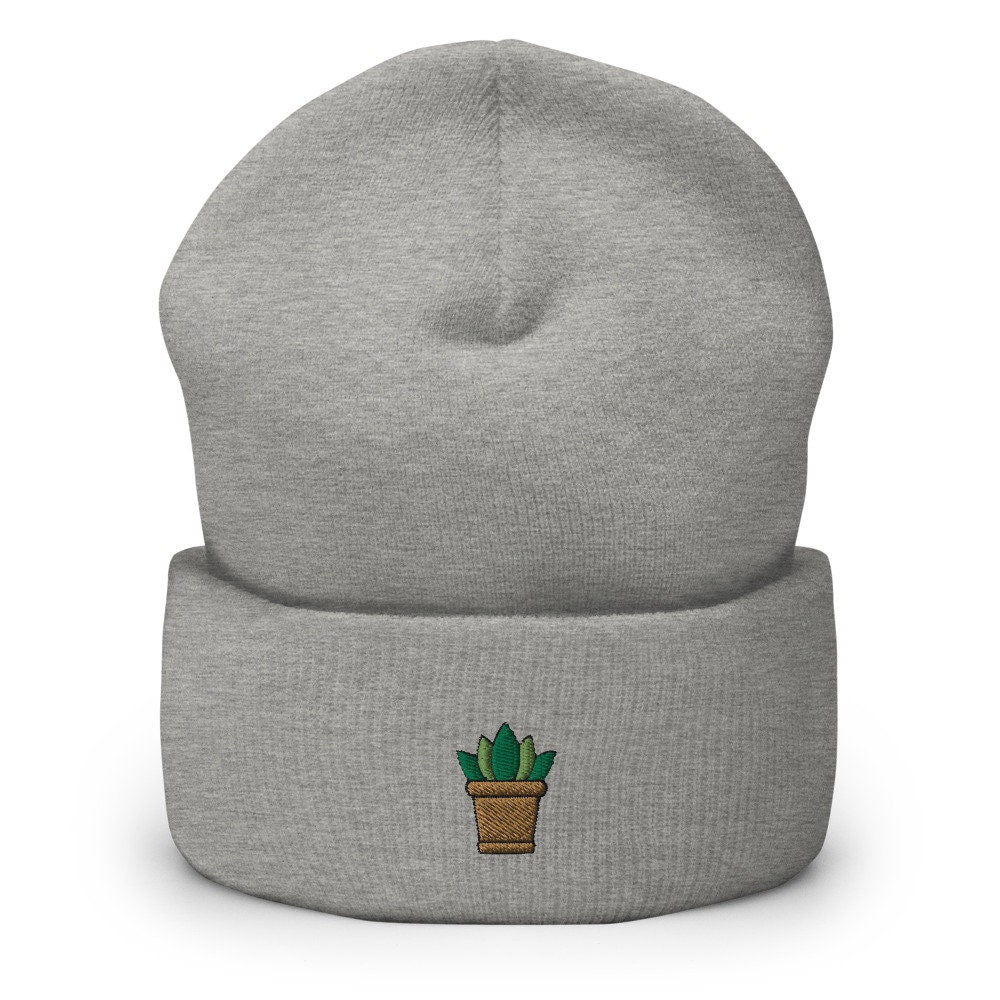 Succulent Plant Embroidered Beanie, Handmade Cuffed Knit Unisex Slouchy Adult Winter Hat Cap Gift