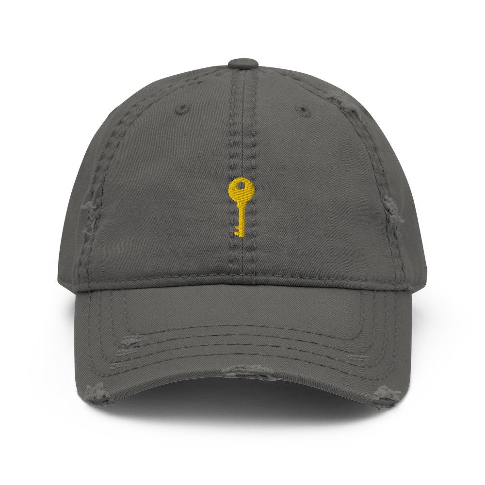 Brass Key Embroidered Distressed Embroidered Dad Hat, Frayed Cap Gift