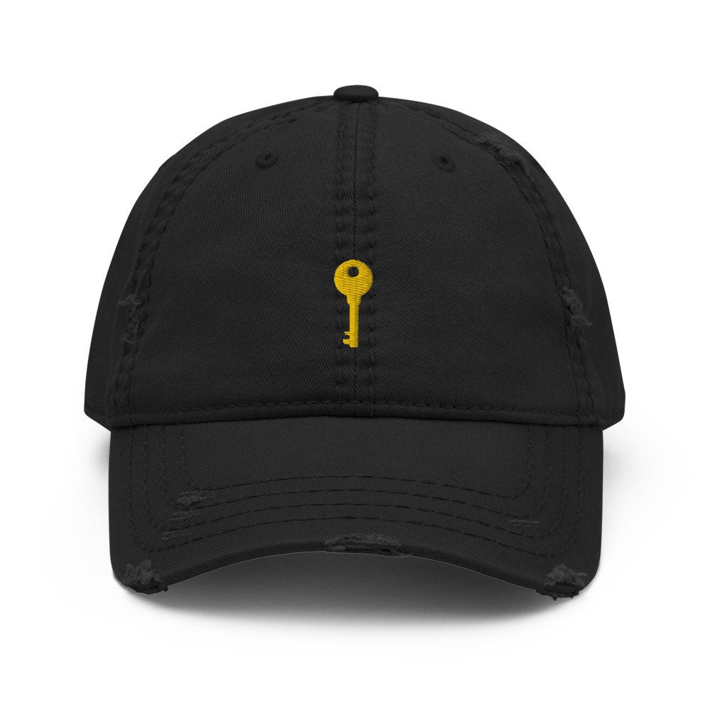 Brass Key Embroidered Distressed Embroidered Dad Hat, Frayed Cap Gift