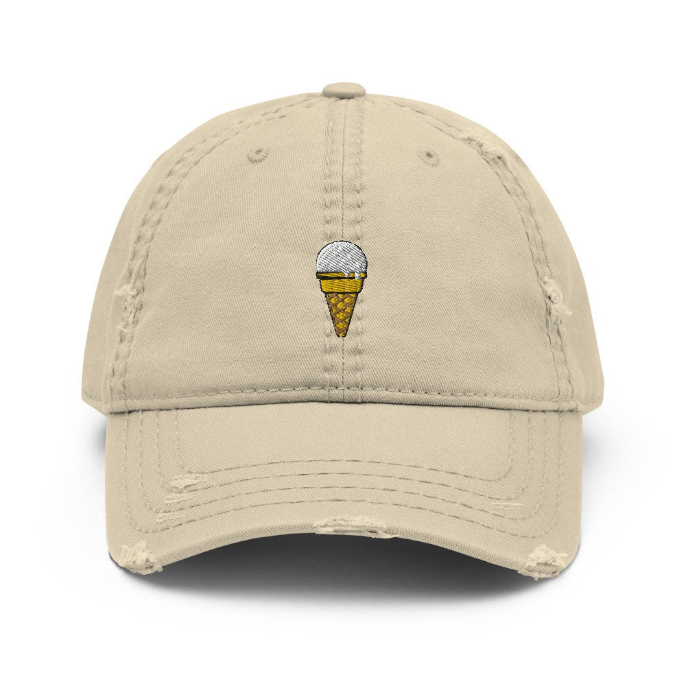 Vanilla Ice Cream Cone Embroidered Distressed Embroidered Dad Hat, Frayed Cap Gift