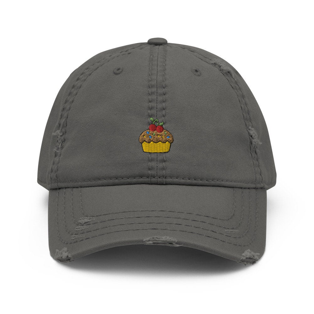 Cupcake Dessert Embroidered Distressed Embroidered Dad Hat, Frayed Cap Gift
