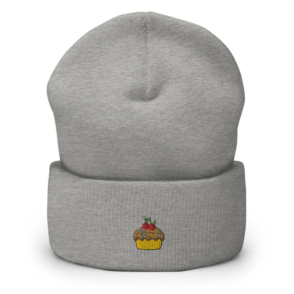 Cupcake Dessert Embroidered Beanie, Handmade Cuffed Knit Unisex Slouchy Adult Winter Hat Cap Gift