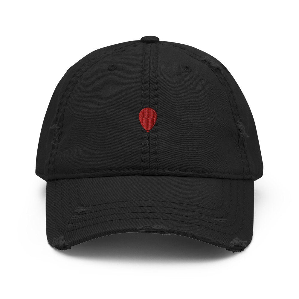 Red Balloon Embroidered Distressed Embroidered Dad Hat, Frayed Cap Gift