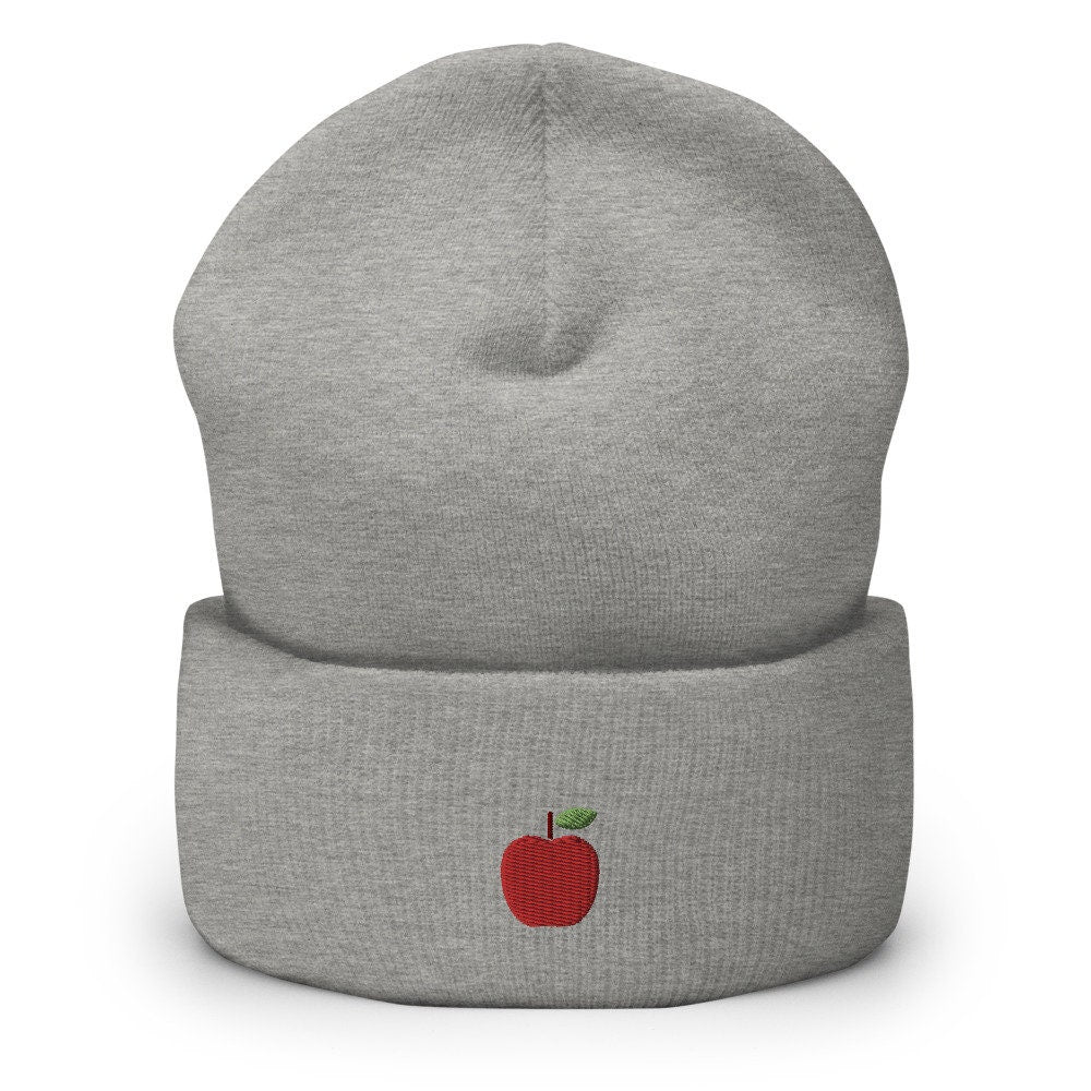 Apple Fruit Embroidered Beanie, Handmade Cuffed Knit Unisex Slouchy Adult Winter Hat Cap Gift