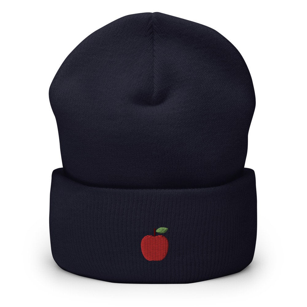 Apple Fruit Embroidered Beanie, Handmade Cuffed Knit Unisex Slouchy Adult Winter Hat Cap Gift