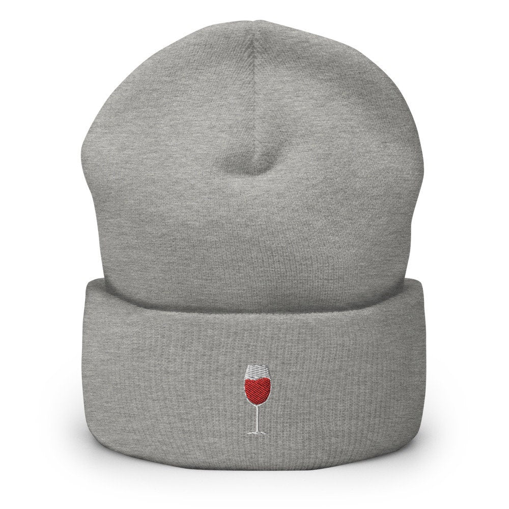 Wine Glass Embroidered Beanie, Handmade Cuffed Knit Unisex Slouchy Adult Winter Hat Cap Gift