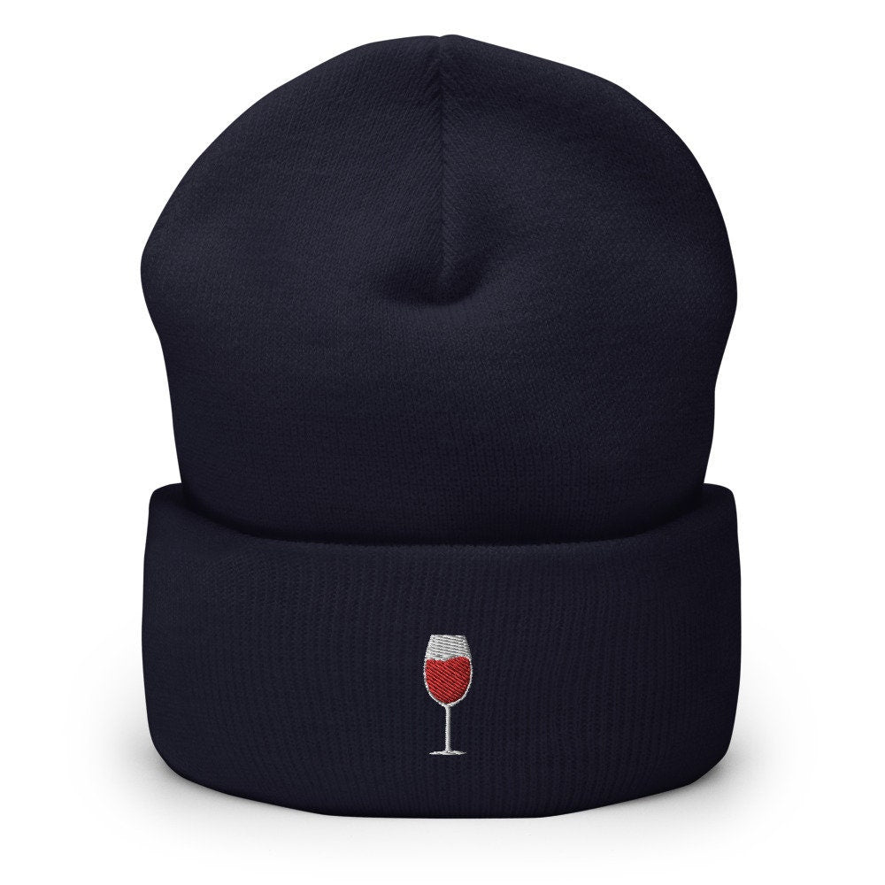 Wine Glass Embroidered Beanie, Handmade Cuffed Knit Unisex Slouchy Adult Winter Hat Cap Gift