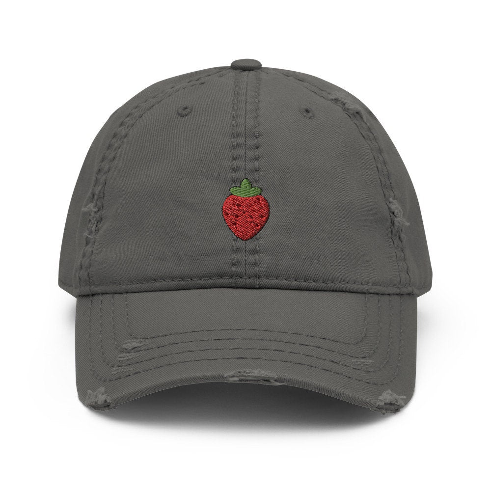 Strawberry Fruit Embroidered Distressed Dad Hat, Frayed Cap Gift