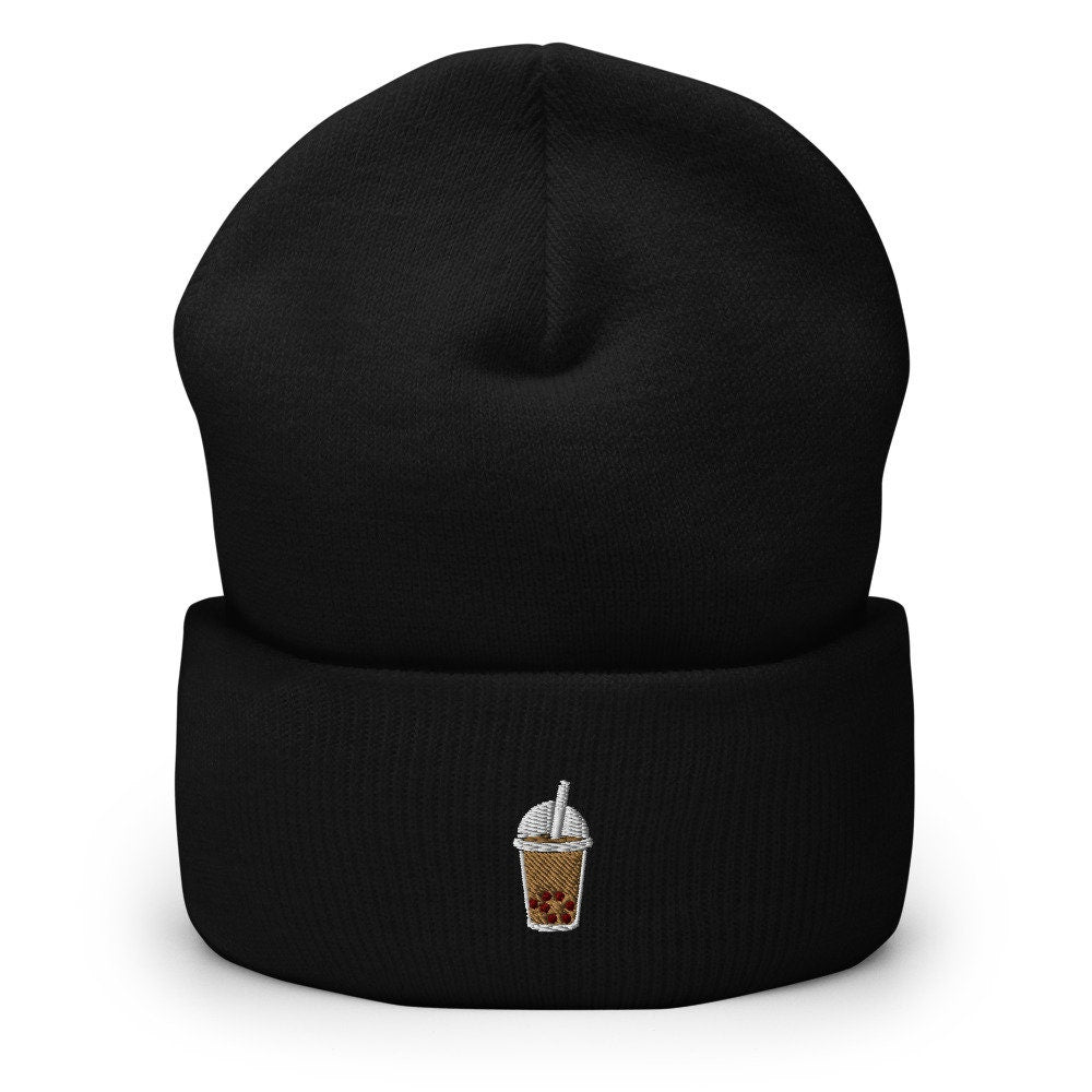Boba Milk Tea Drink Embroidered Beanie, Handmade Cuffed Knit Unisex Slouchy Adult Winter Hat Cap Gift