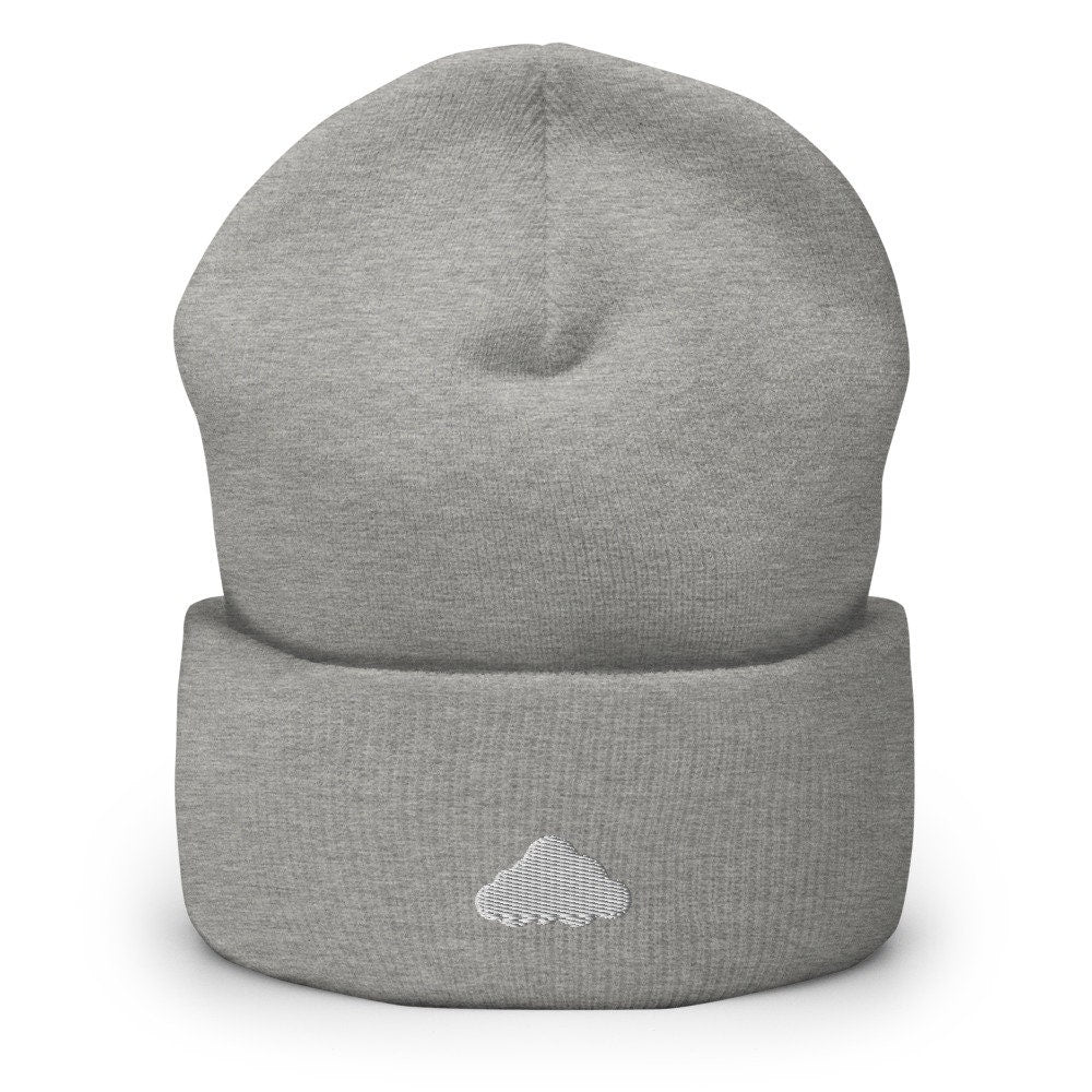 Cloud Embroidered Beanie, Handmade Cuffed Knit Unisex Slouchy Adult Winter Hat Cap Gift