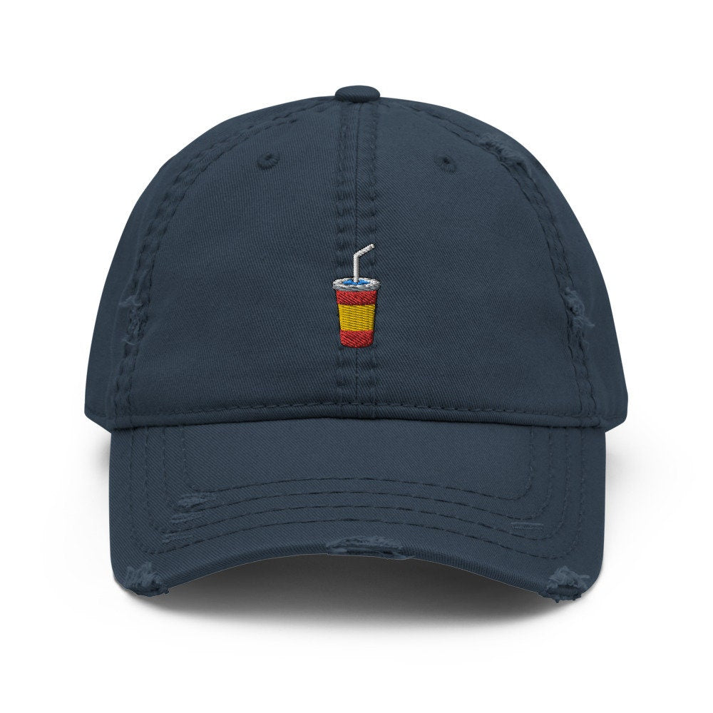 Soda & Soft Drink Plastic Cup Embroidered Distressed Embroidered Dad Hat, Frayed Cap Gift