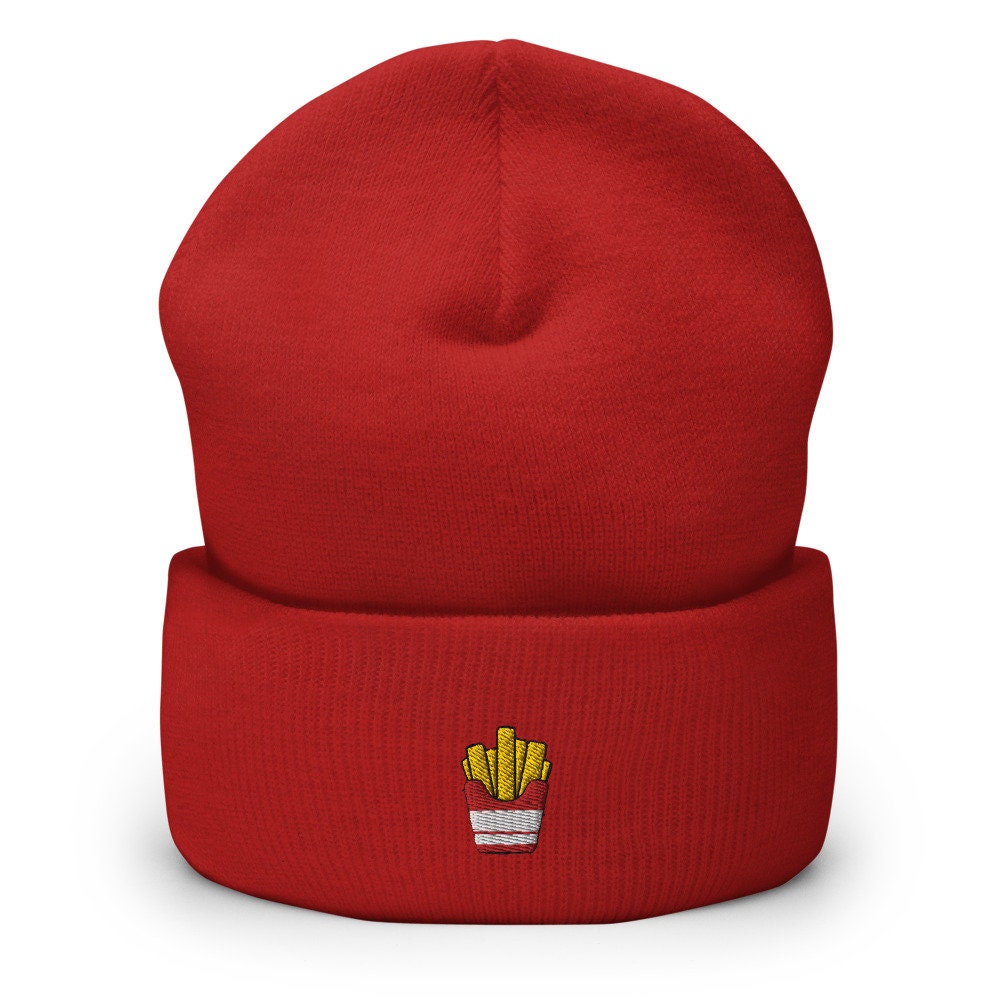 French Fry Embroidered Beanie, Handmade Cuffed Knit Unisex Slouchy Adult Winter Hat Cap Gift