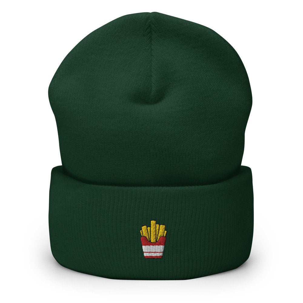 French Fry Embroidered Beanie, Handmade Cuffed Knit Unisex Slouchy Adult Winter Hat Cap Gift