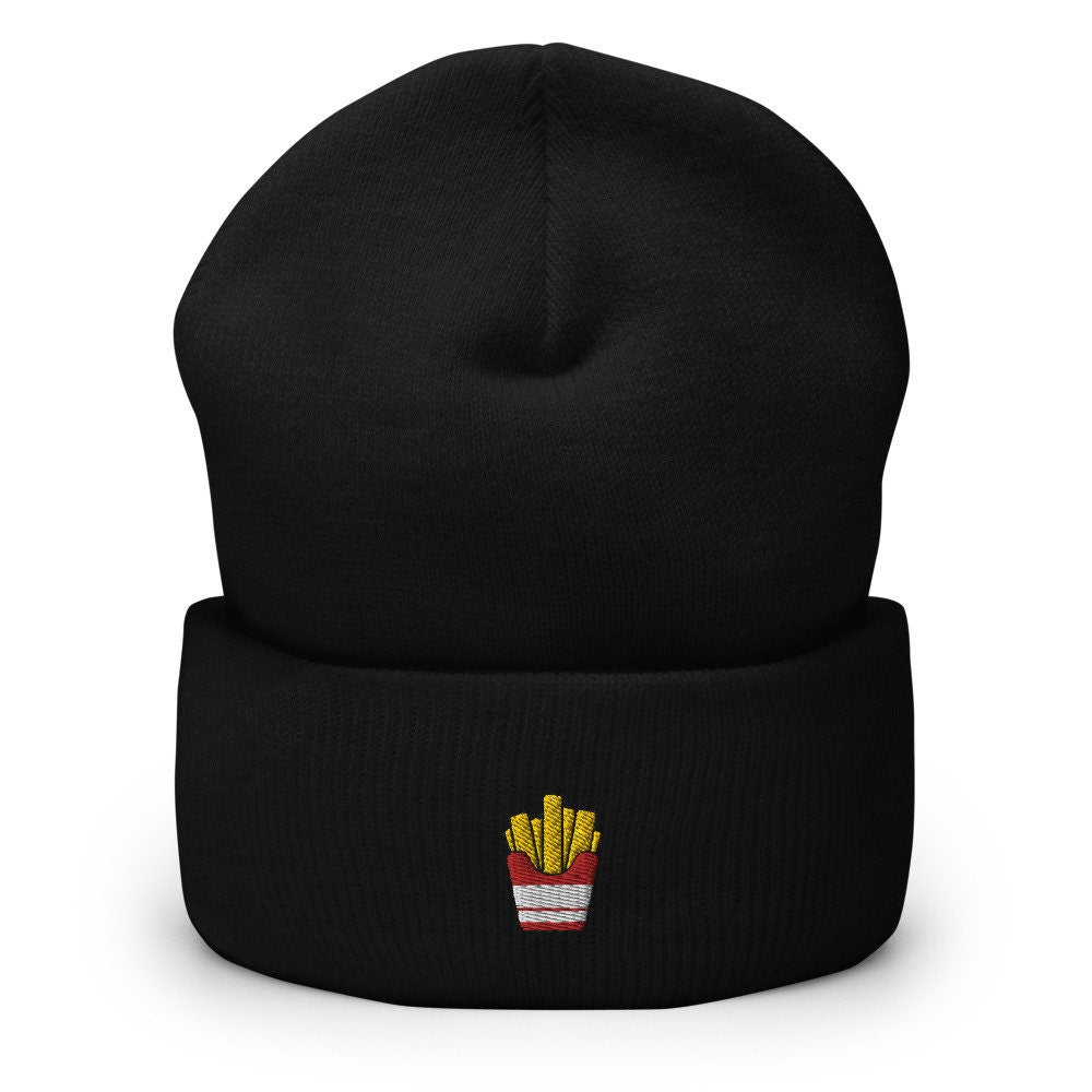 French Fry Embroidered Beanie, Handmade Cuffed Knit Unisex Slouchy Adult Winter Hat Cap Gift