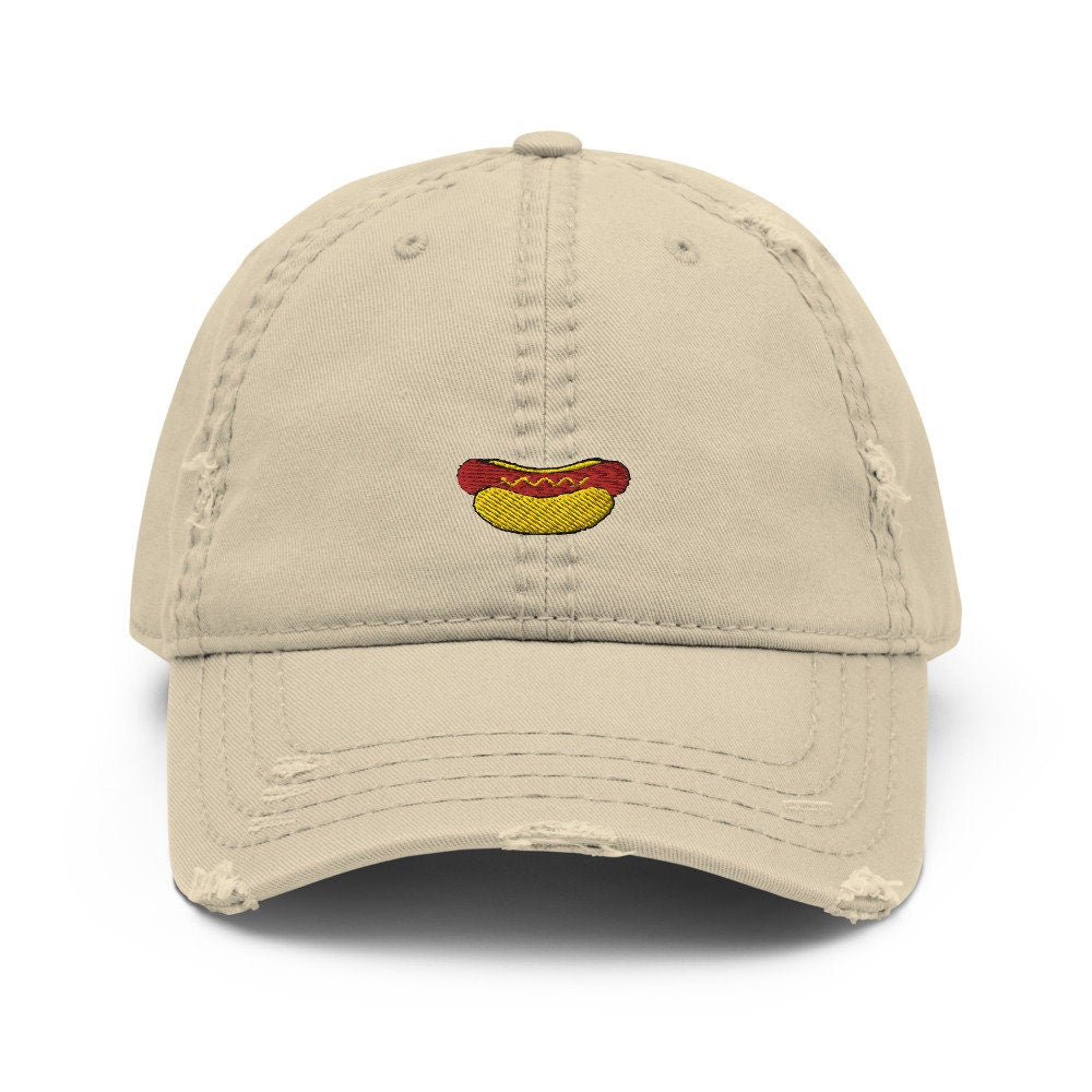 Hot Dog Embroidered Distressed Embroidered Dad Hat, Frayed Cap Gift