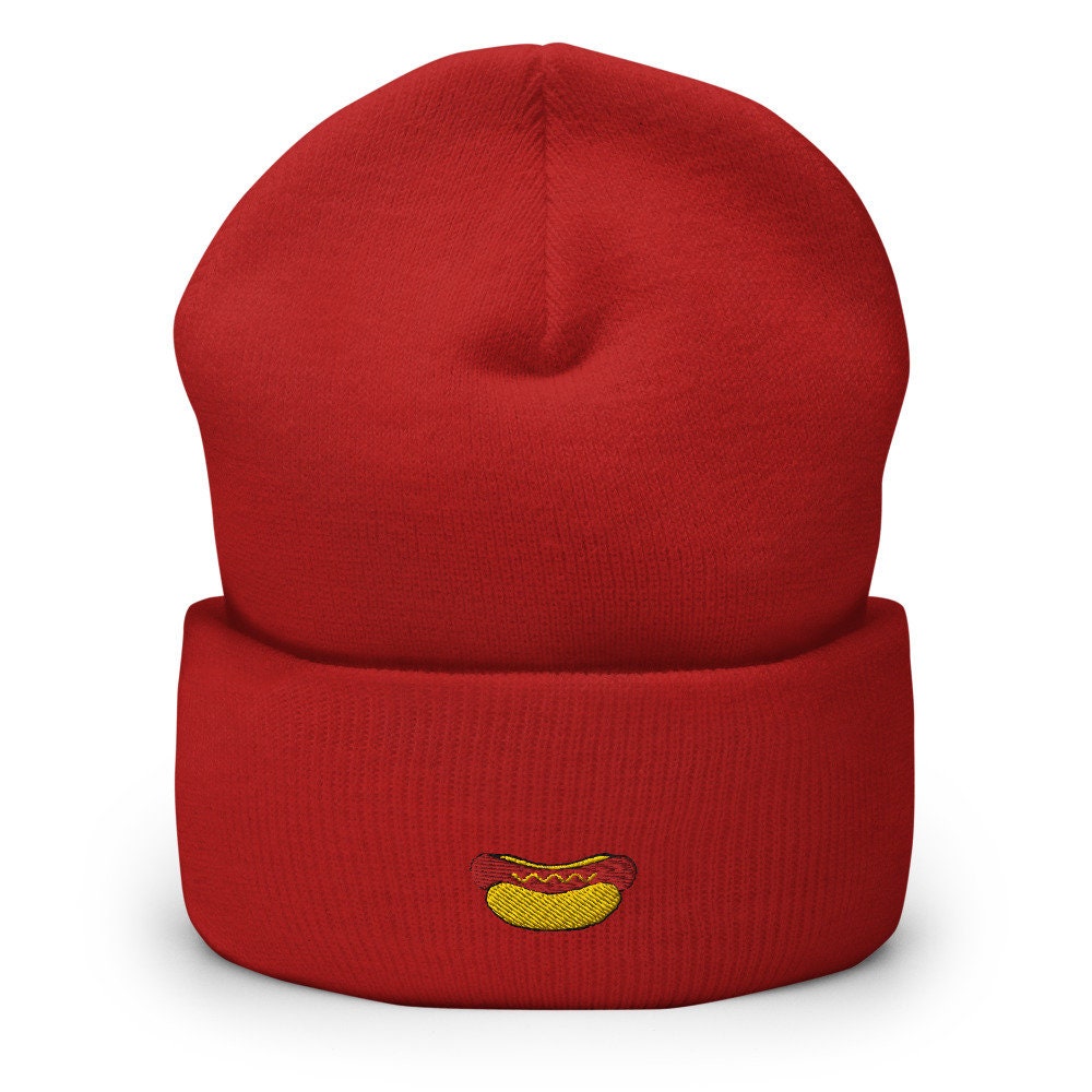 Hot Dog Embroidered Beanie, Handmade Cuffed Knit Unisex Slouchy Adult Winter Hat Cap Gift