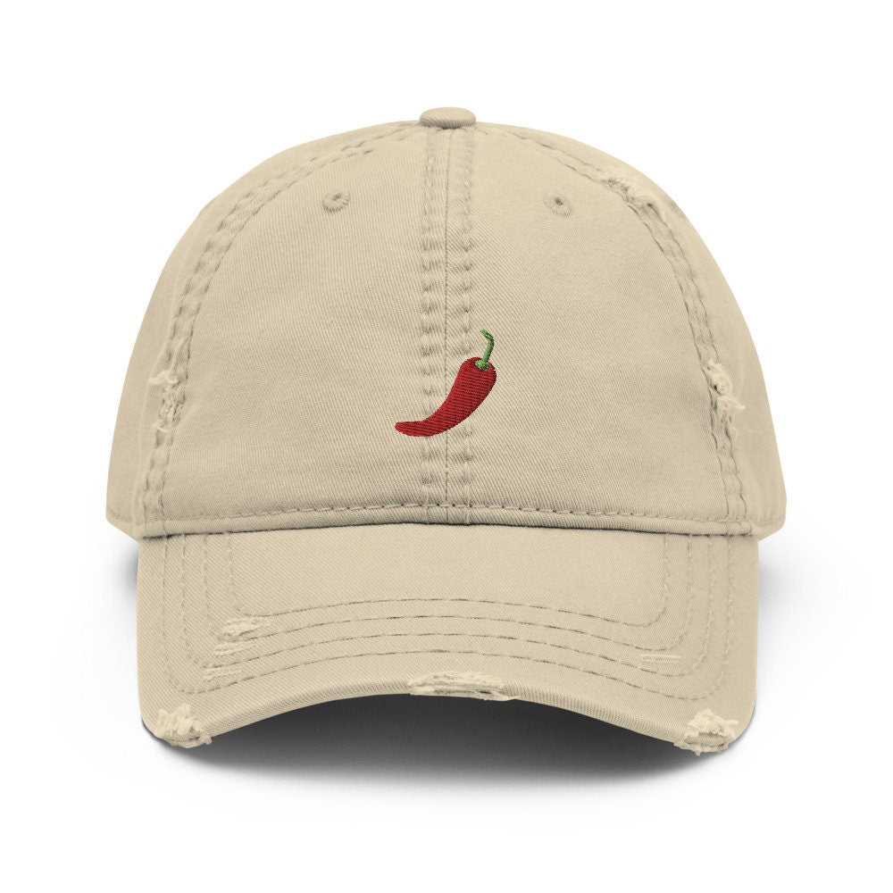 Red Chili Pepper Embroidered Distressed Embroidered Dad Hat, Frayed Cap Gift