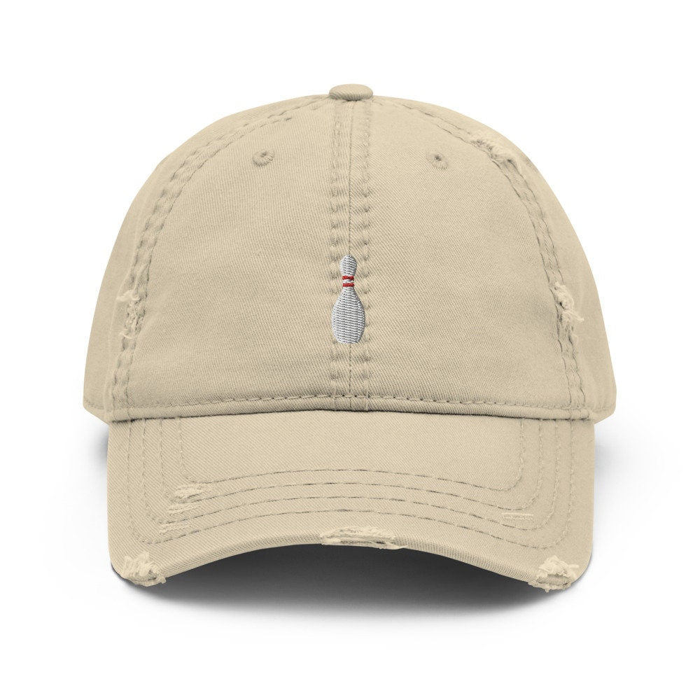Bowling Pin Embroidered Distressed Embroidered Dad Hat, Frayed Cap Gift