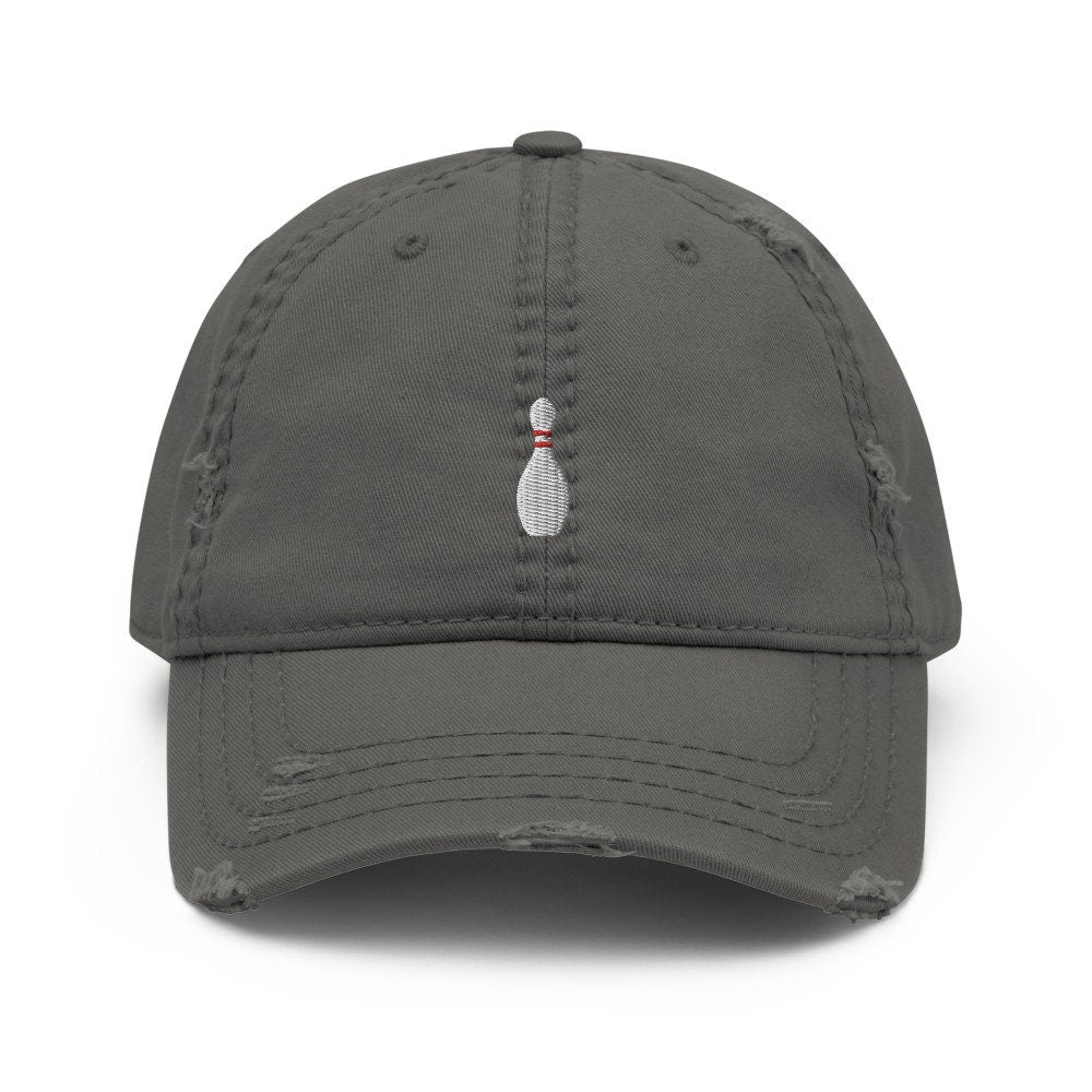 Bowling Pin Embroidered Distressed Embroidered Dad Hat, Frayed Cap Gift
