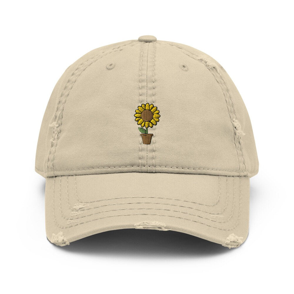Sunflower Plant Embroidered Distressed Embroidered Dad Hat, Frayed Cap Gift