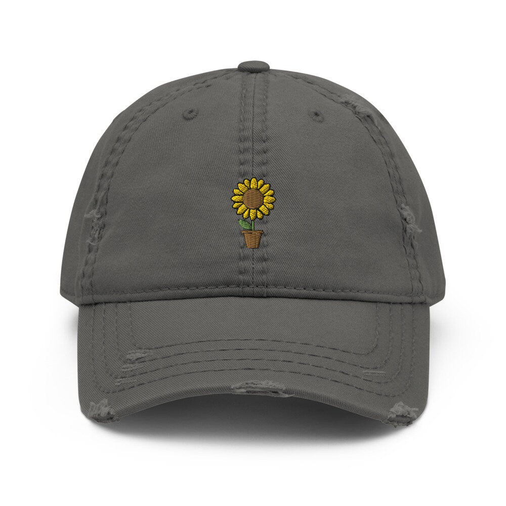 Sunflower Plant Embroidered Distressed Embroidered Dad Hat, Frayed Cap Gift