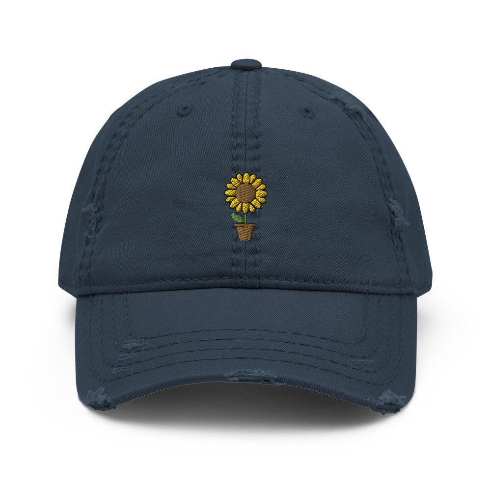 Sunflower Plant Embroidered Distressed Embroidered Dad Hat, Frayed Cap Gift