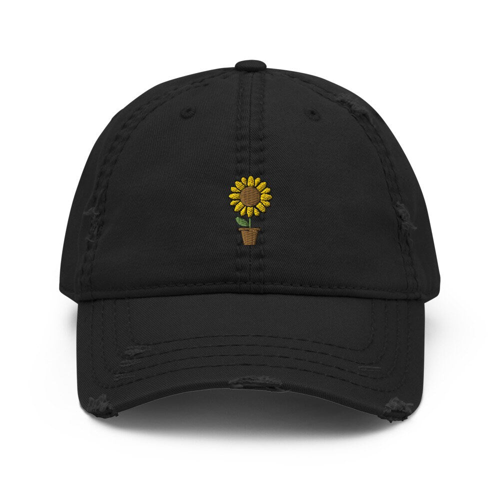 Sunflower Plant Embroidered Distressed Embroidered Dad Hat, Frayed Cap Gift