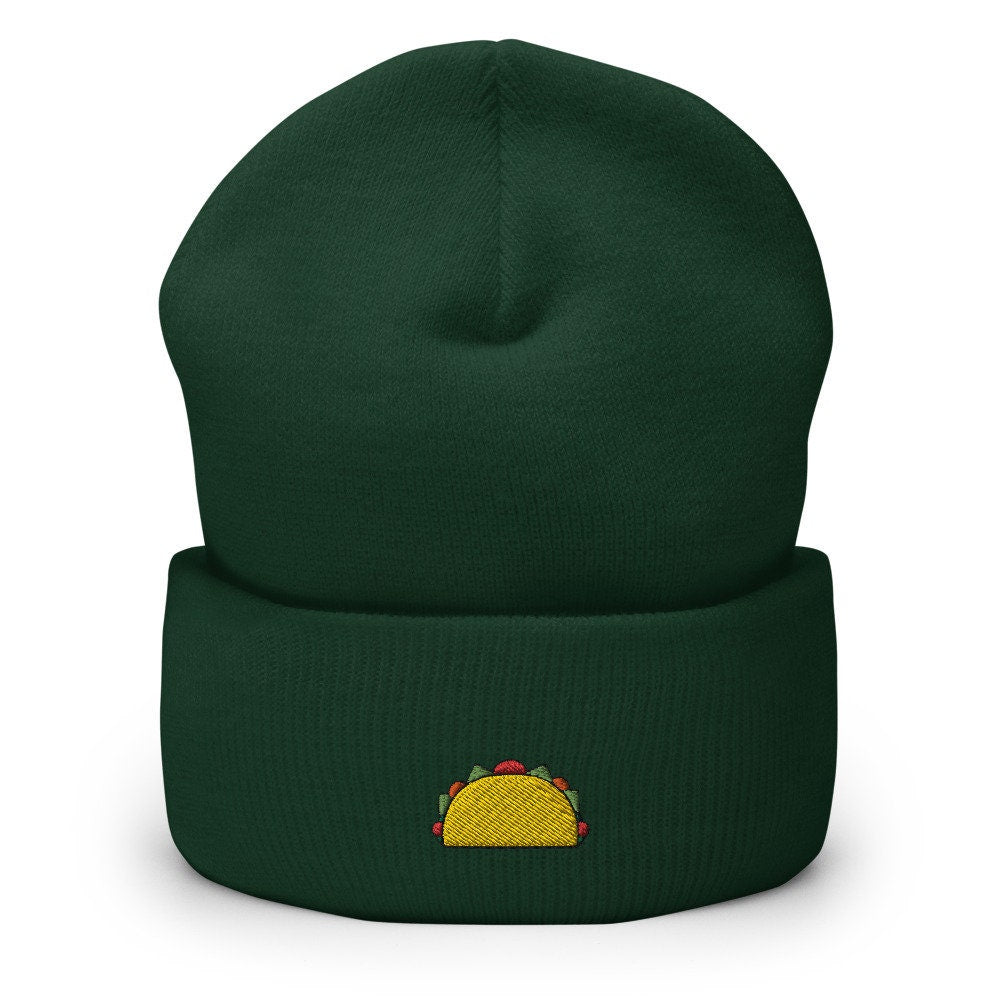 Taco Embroidered Beanie, Handmade Cuffed Knit Unisex Slouchy Adult Winter Hat Cap Gift