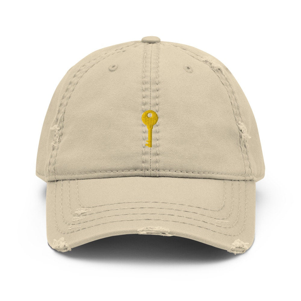 Brass Key Embroidered Distressed Embroidered Dad Hat, Frayed Cap Gift