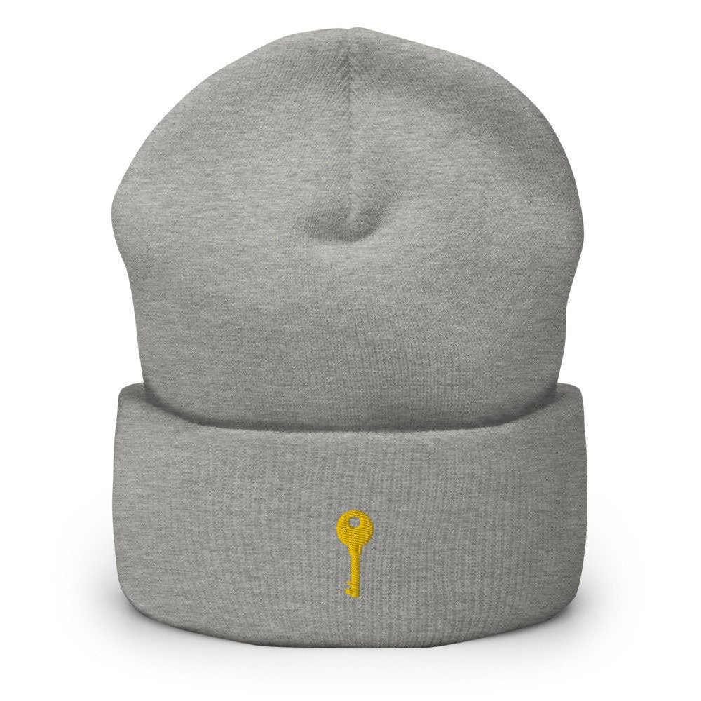 Brass Key Embroidered Beanie, Handmade Cuffed Knit Unisex Slouchy Adult Winter Hat Cap Gift