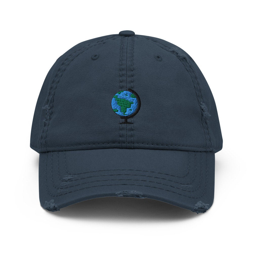 Planet Earth Globe Embroidered Distressed Embroidered Dad Hat, Frayed Cap Gift