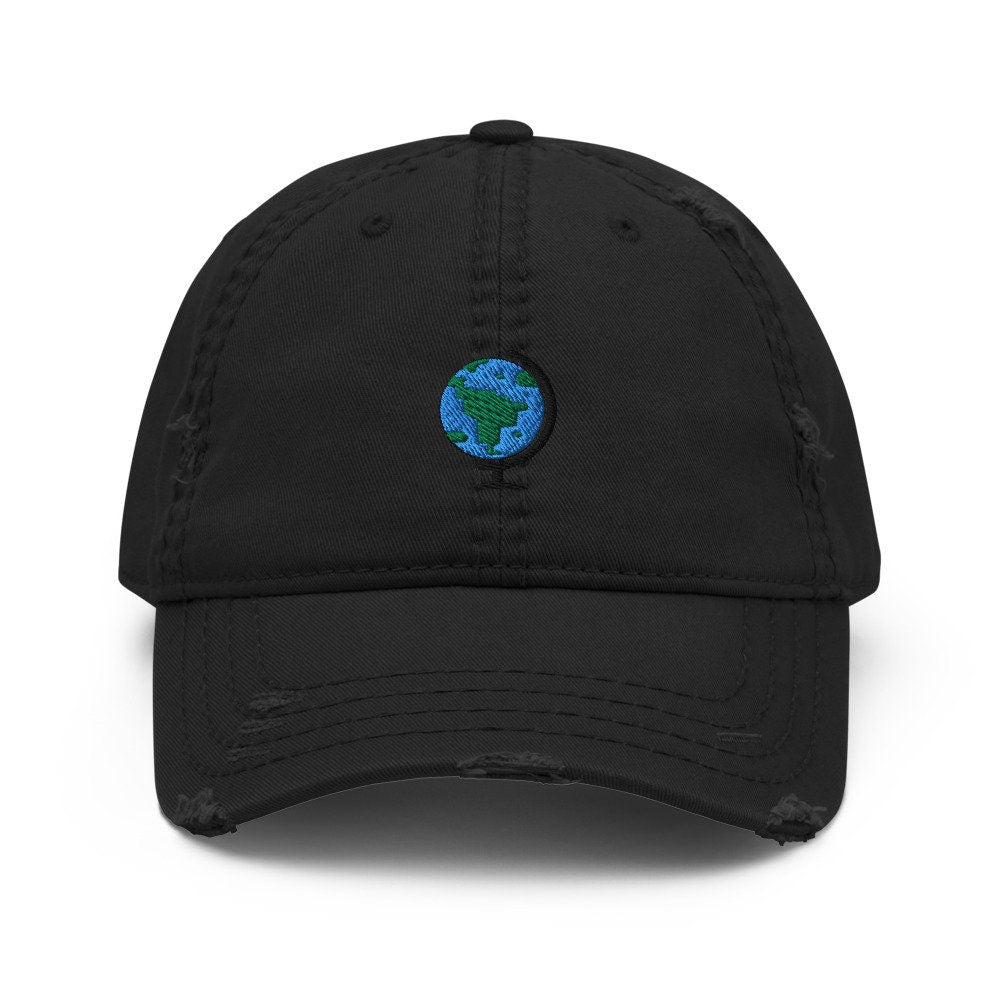 Planet Earth Globe Embroidered Distressed Embroidered Dad Hat, Frayed Cap Gift