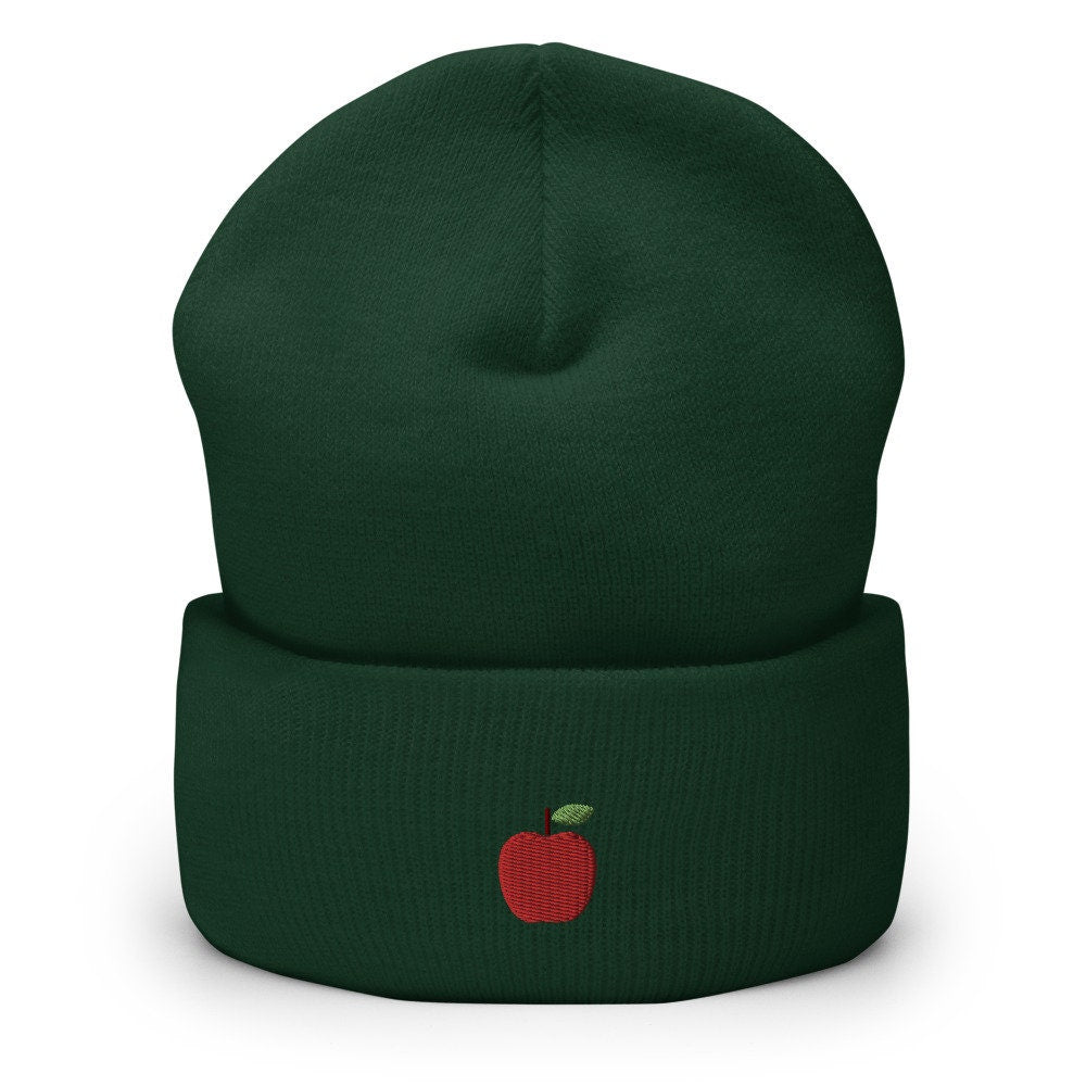 Apple Fruit Embroidered Beanie, Handmade Cuffed Knit Unisex Slouchy Adult Winter Hat Cap Gift